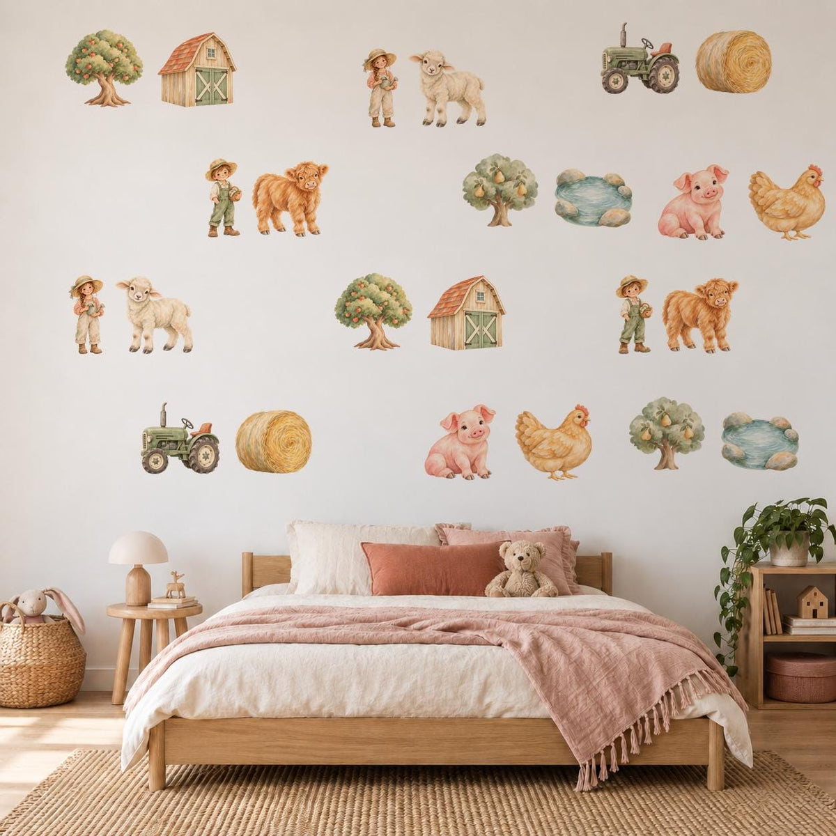 Farm Wall Stickers, Boho Farmyard Nursery Decor, Highland Cow Tractor Wall Decals, Kids Room Gender Neutral Baby Peel and Stick Art