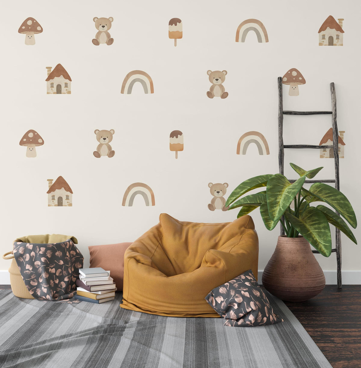 Teddy Bear Wall Stickers, Mushroom and Rainbow Woodland Nursery Decor, Neutral Boho Wall Decals, Peel and Stick