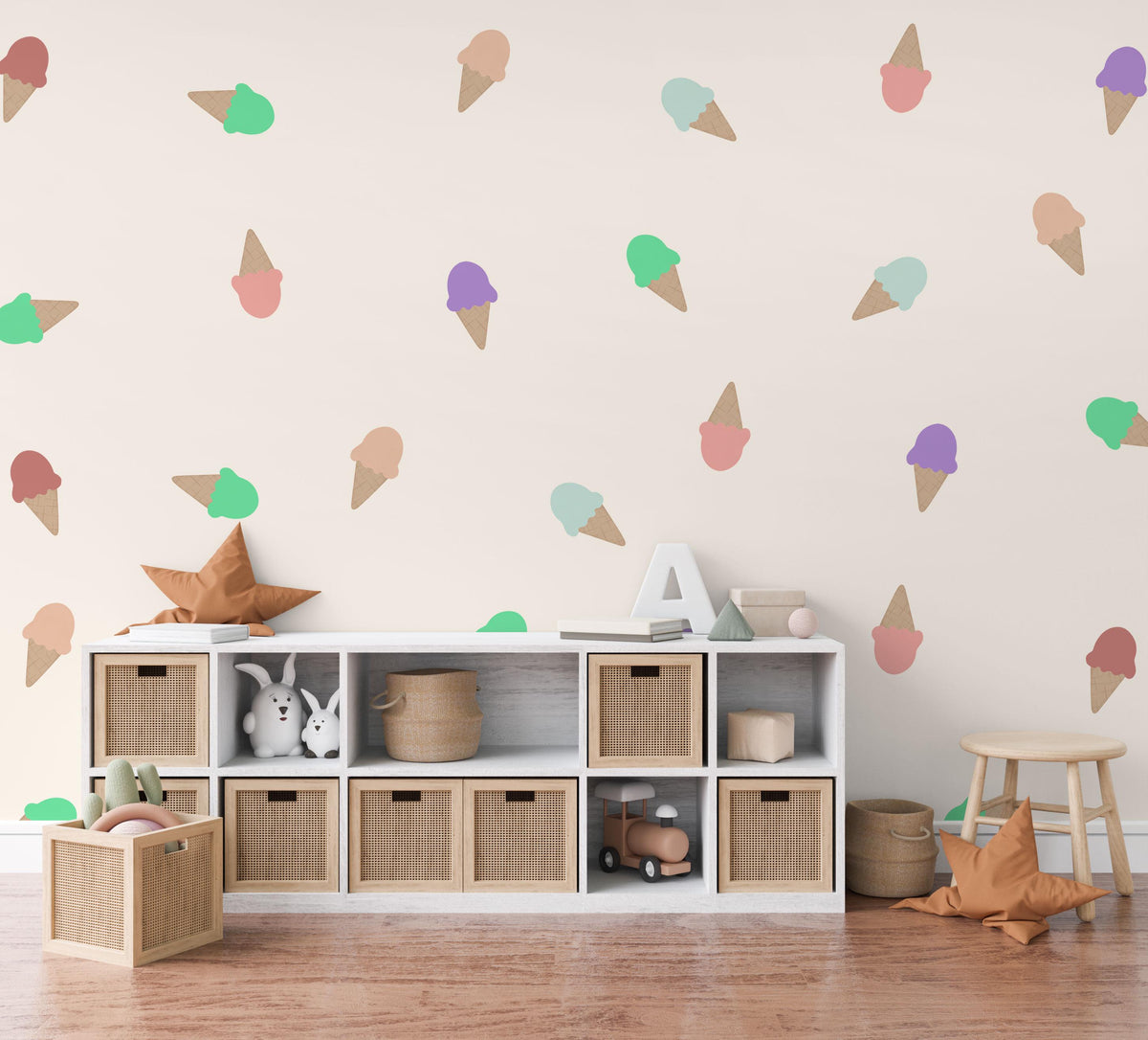 Ice Cream Wall Stickers, Colourful Ice Cream Nursery Decor, Rainbow Cone Wall Decals, Kids Room Playroom Peel and Stick Wall Art