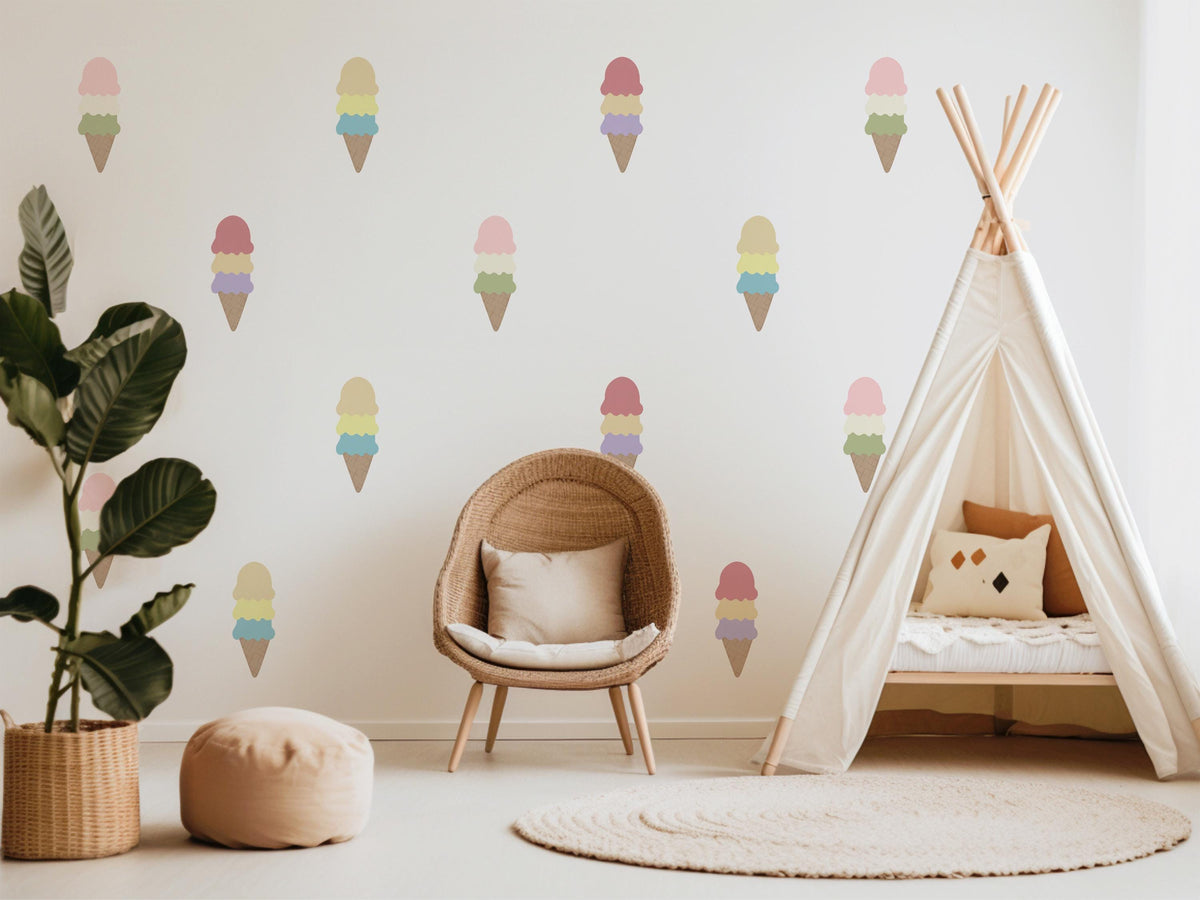 Ice Cream Wall Stickers, Pastel Rainbow Ice Cream Nursery Decor, Cone Wall Decals, Kids Room Playroom Girls Peel and Stick Wall Art
