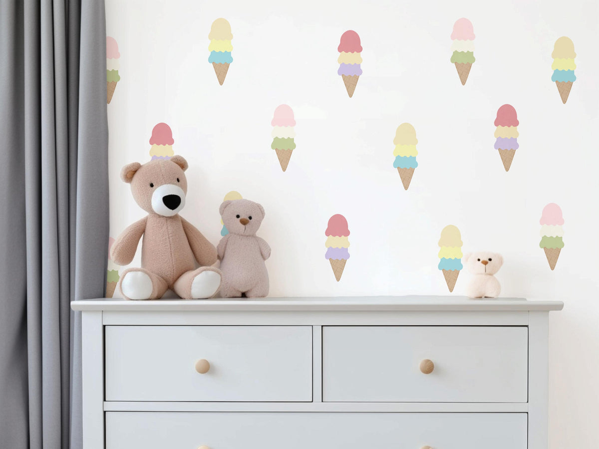 Ice Cream Wall Stickers, Pastel Rainbow Ice Cream Nursery Decor, Cone Wall Decals, Kids Room Playroom Girls Peel and Stick Wall Art