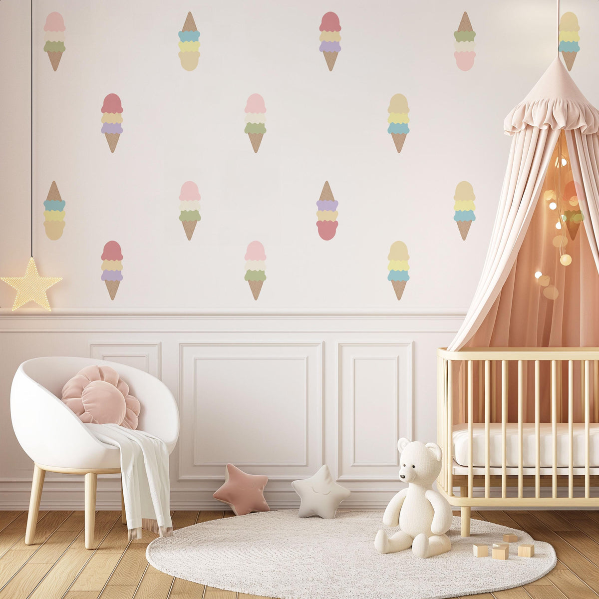 Ice Cream Wall Stickers, Pastel Rainbow Ice Cream Nursery Decor, Cone Wall Decals, Kids Room Playroom Girls Peel and Stick Wall Art