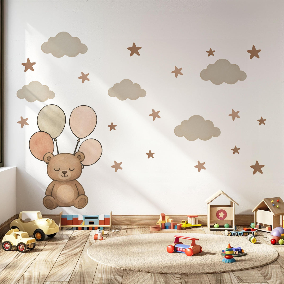 Teddy Bear Wall Stickers, Teddy Bear Balloon Nursery Decor, Cloud Star Wall Decals, Neutral Kids Room Baby Peel and Stick Wall Art