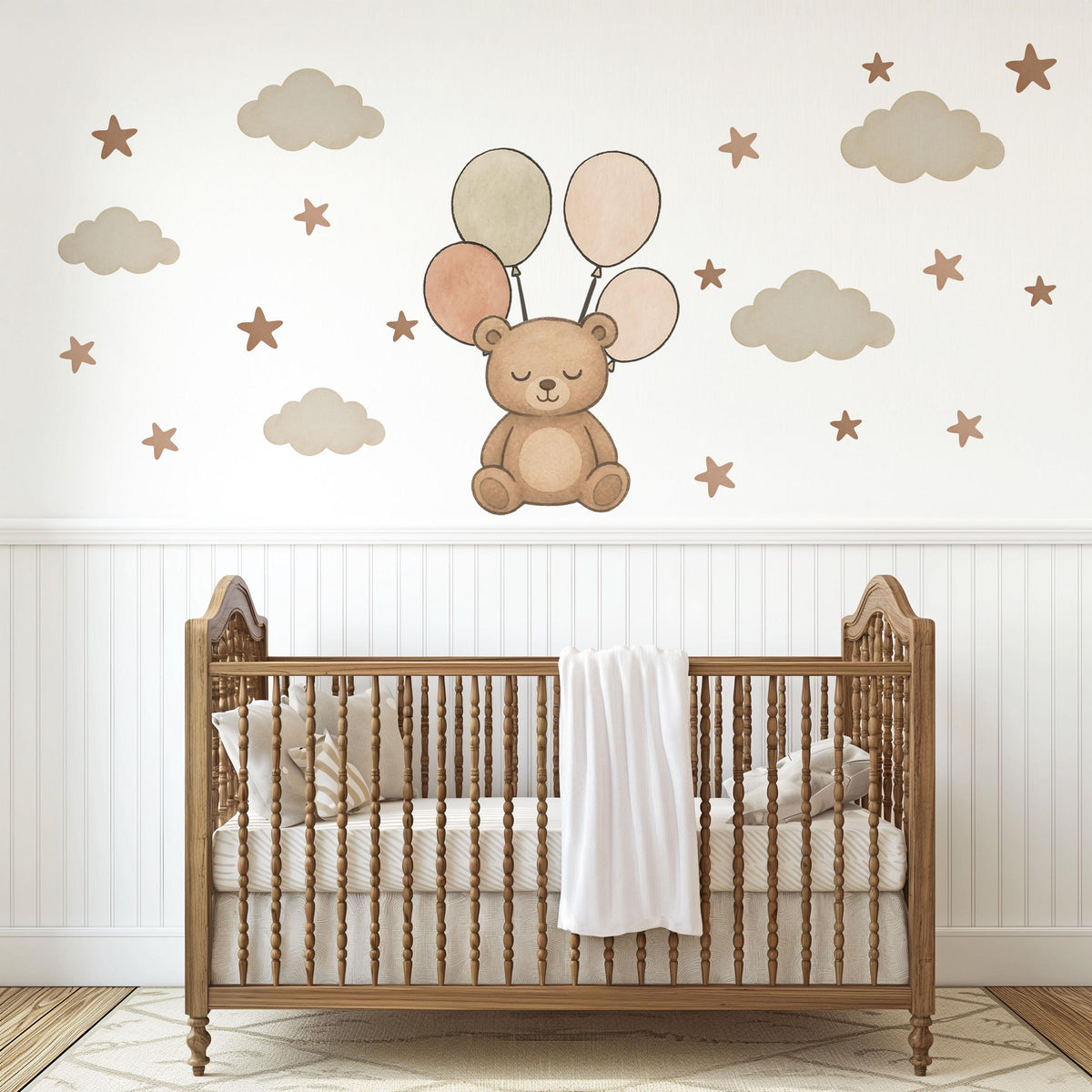 Teddy Bear Wall Stickers, Teddy Bear Balloon Nursery Decor, Cloud Star Wall Decals, Neutral Kids Room Baby Peel and Stick Wall Art