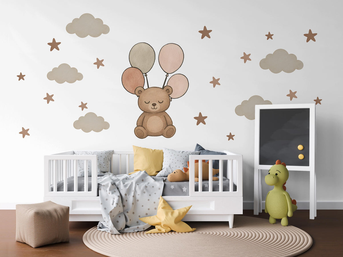 Teddy Bear Wall Stickers, Teddy Bear Balloon Nursery Decor, Cloud Star Wall Decals, Neutral Kids Room Baby Peel and Stick Wall Art