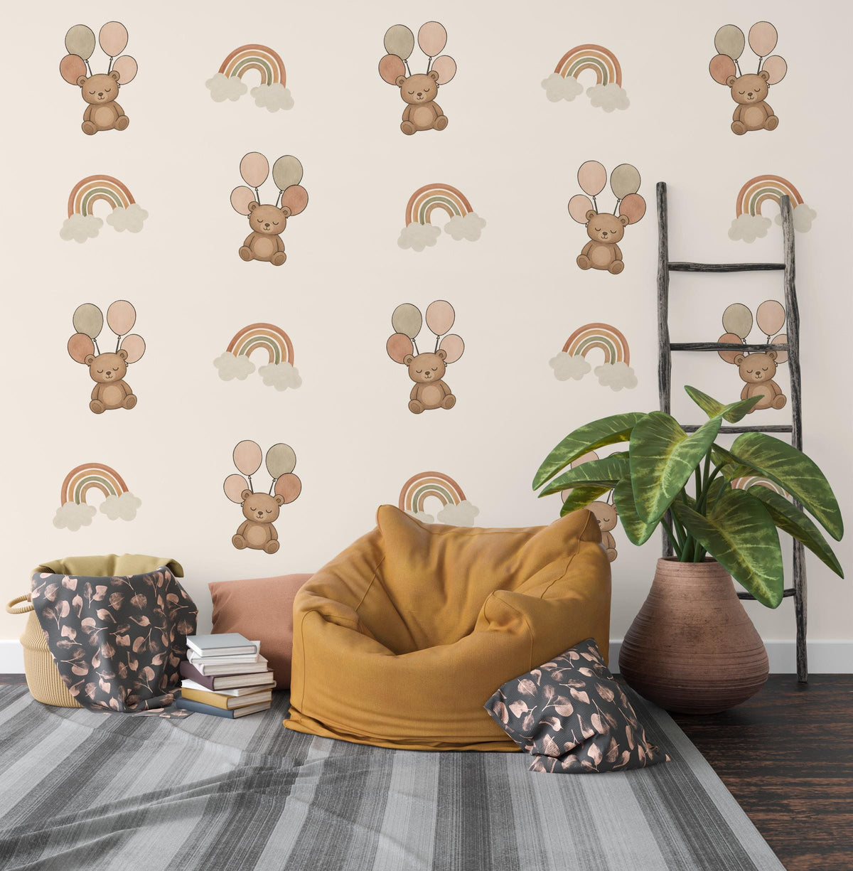Teddy Bear Wall Stickers, Boho Bear Rainbow Nursery Decor, Balloon Cloud Wall Decals, Neutral Kids Room Baby Peel and Stick Wall Art