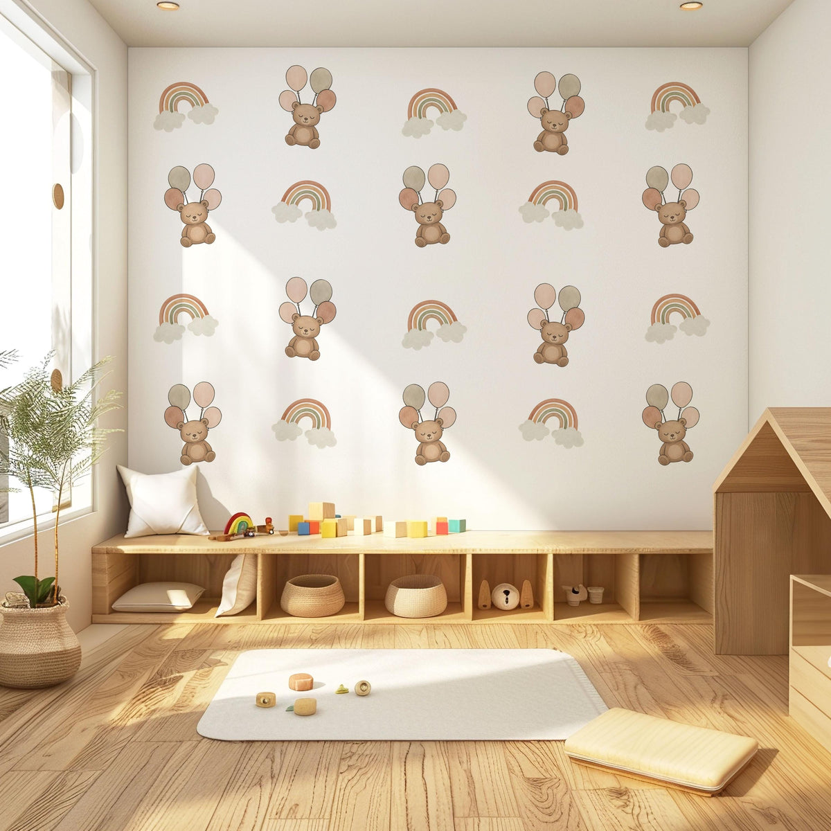 Teddy Bear Wall Stickers, Boho Bear Rainbow Nursery Decor, Balloon Cloud Wall Decals, Neutral Kids Room Baby Peel and Stick Wall Art