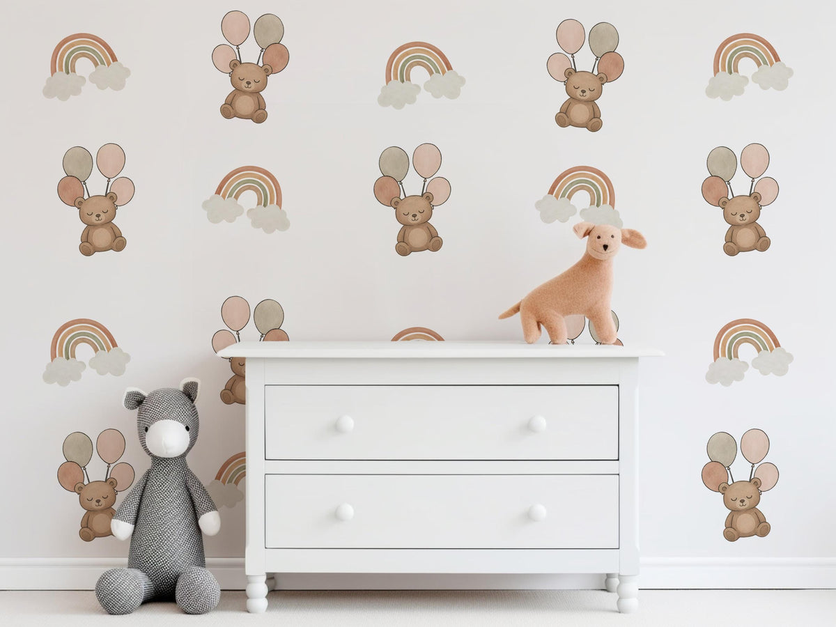 Teddy Bear Wall Stickers, Boho Bear Rainbow Nursery Decor, Balloon Cloud Wall Decals, Neutral Kids Room Baby Peel and Stick Wall Art