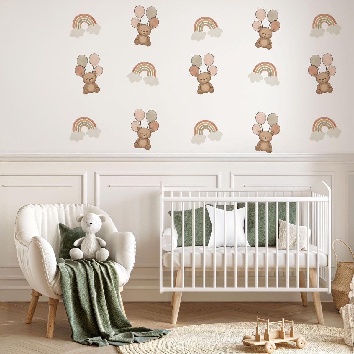 Teddy Bear Wall Stickers, Boho Bear Rainbow Nursery Decor, Balloon Cloud Wall Decals, Neutral Kids Room Baby Peel and Stick Wall Art