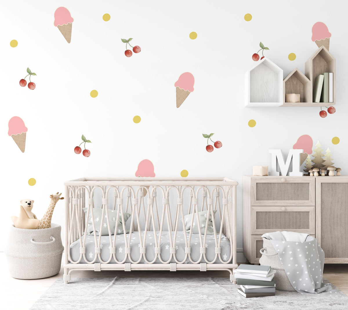 Ice Cream Wall Stickers, Pink Ice Cream Cherry Nursery Decor, Fruit Dot Wall Decals, Girls Kids Room Playroom Peel and Stick Wall Art