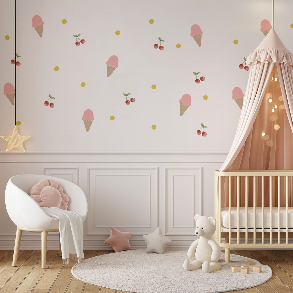 Ice Cream Wall Stickers, Pink Ice Cream Cherry Nursery Decor, Fruit Dot Wall Decals, Girls Kids Room Playroom Peel and Stick Wall Art