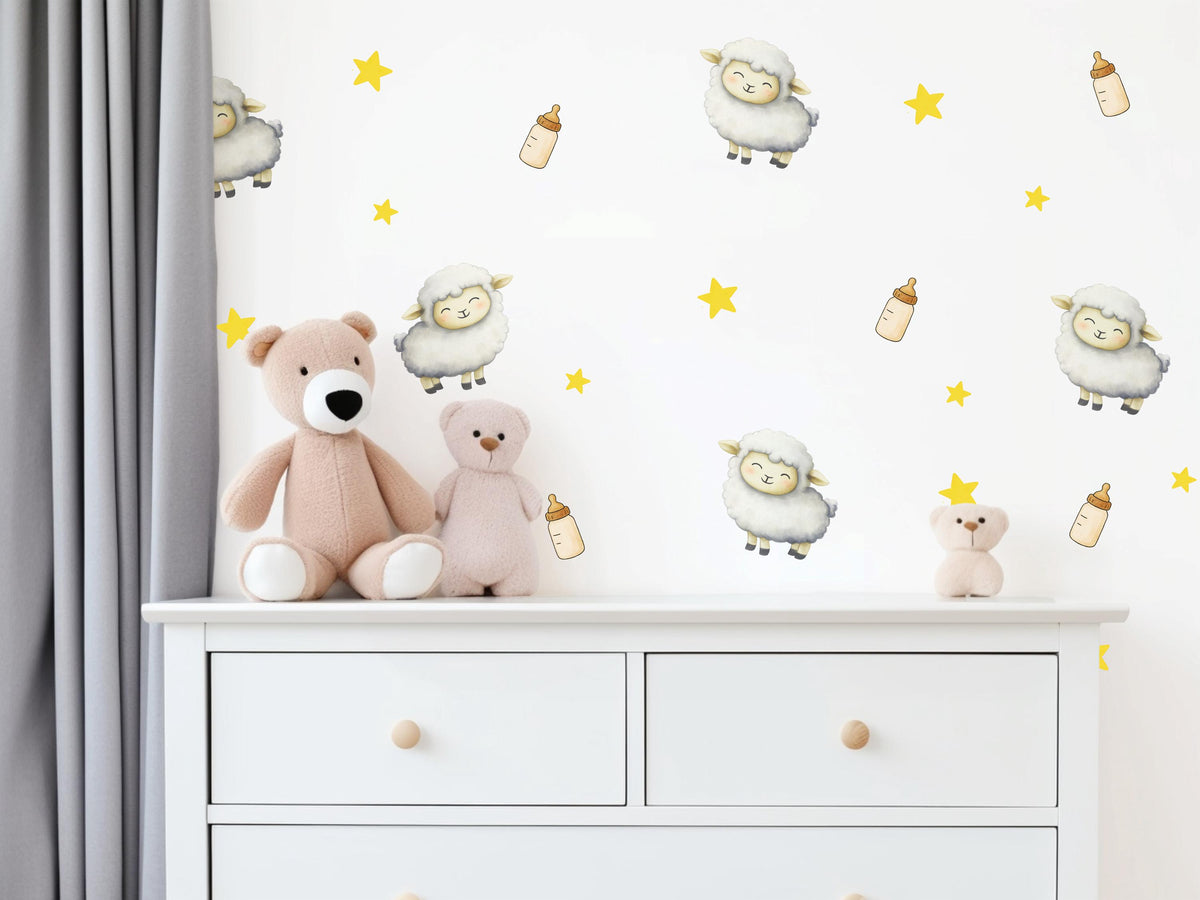 Sheep Wall Stickers, Lamb Nursery Decor, Counting Sheep Star Wall Decals, Gender Neutral Kids Room Baby Peel and Stick Wall Art