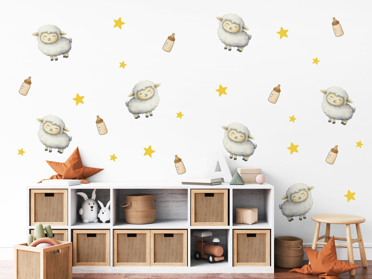 Sheep Wall Stickers, Lamb Nursery Decor, Counting Sheep Star Wall Decals, Gender Neutral Kids Room Baby Peel and Stick Wall Art