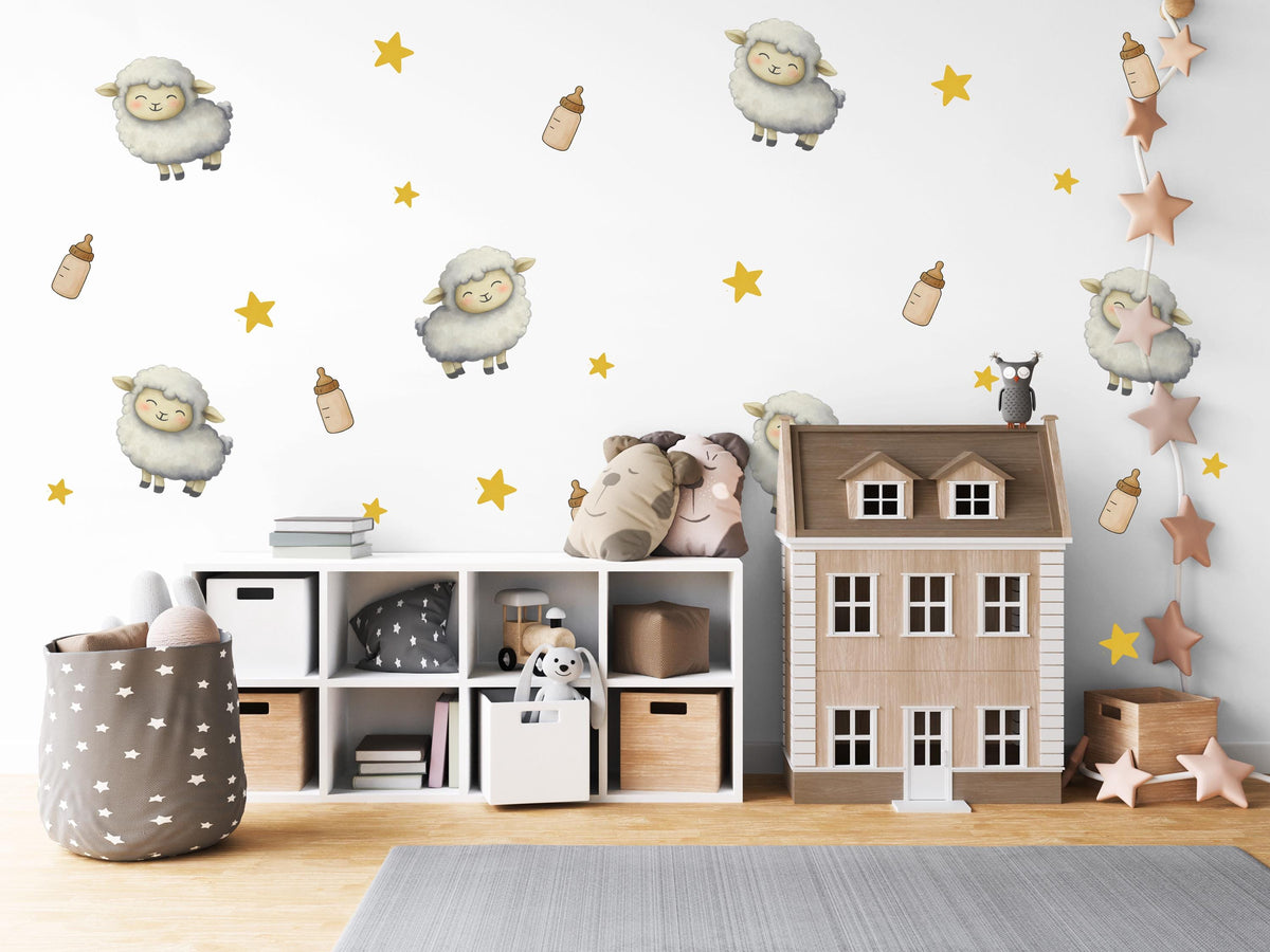 Sheep Wall Stickers, Lamb Nursery Decor, Counting Sheep Star Wall Decals, Gender Neutral Kids Room Baby Peel and Stick Wall Art