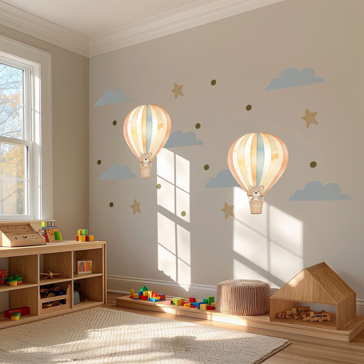 Hot Air Balloon Wall Stickers, Teddy Bear Nursery Decor, Cloud Star Wall Decals, Gender Neutral Kids Room Baby Peel and Stick Art