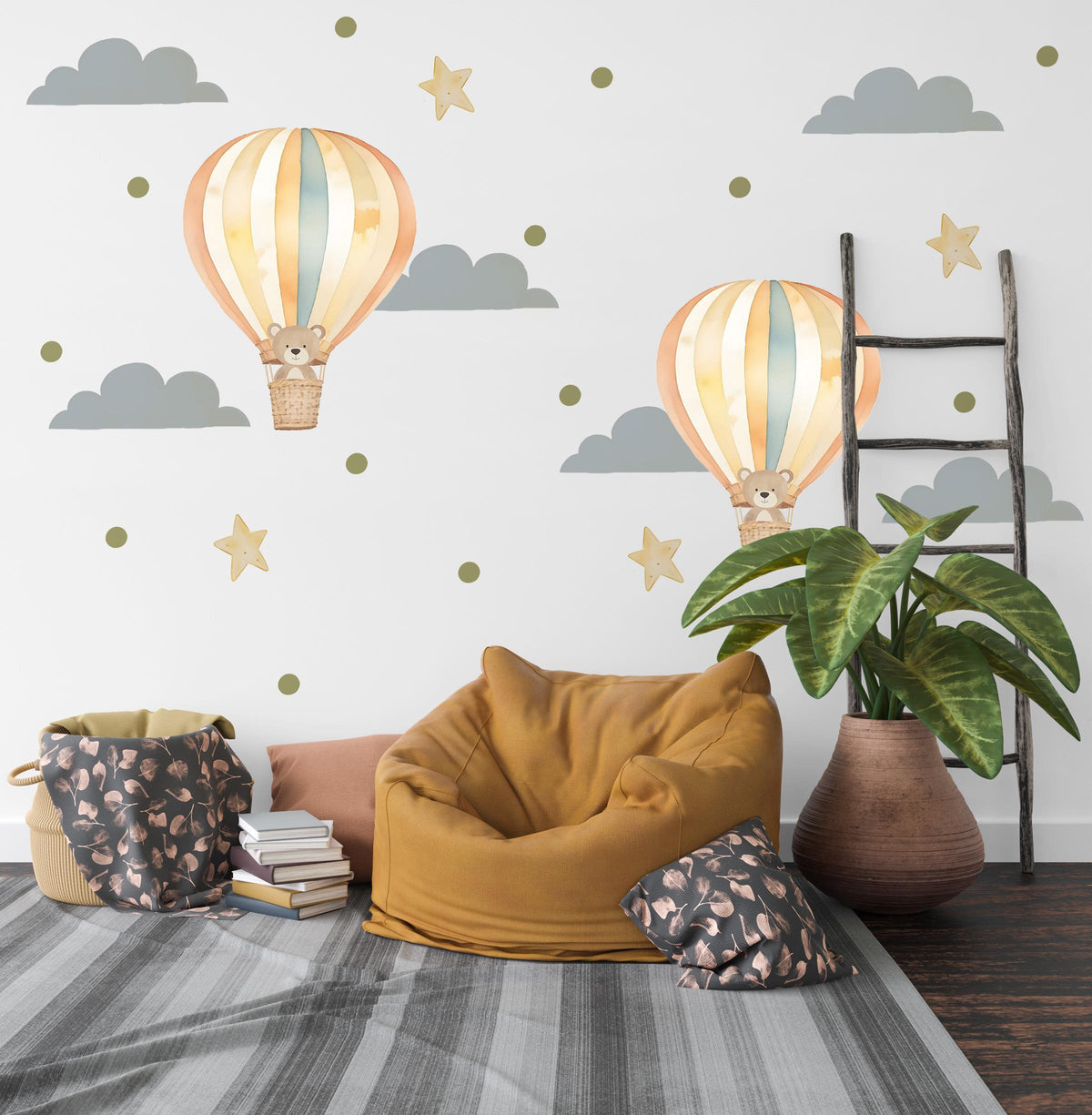 Hot Air Balloon Wall Stickers, Teddy Bear Nursery Decor, Cloud Star Wall Decals, Gender Neutral Kids Room Baby Peel and Stick Art