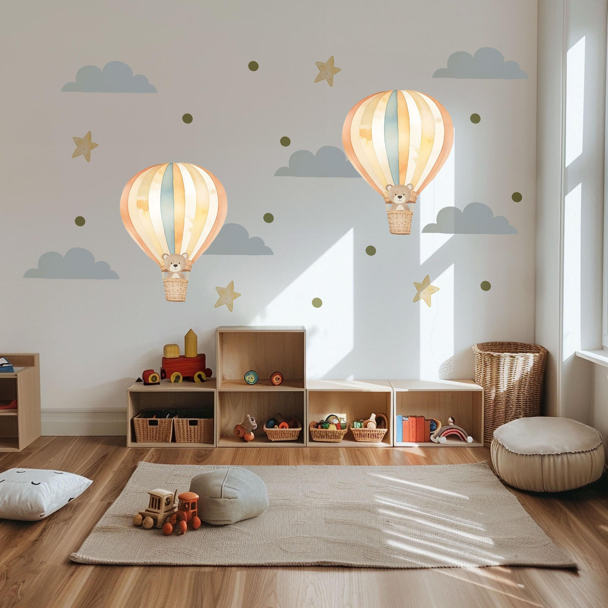 Hot Air Balloon Wall Stickers, Teddy Bear Nursery Decor, Cloud Star Wall Decals, Gender Neutral Kids Room Baby Peel and Stick Art