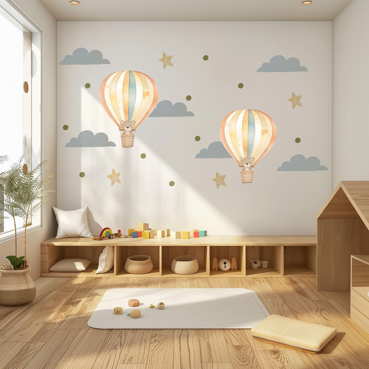 Hot Air Balloon Wall Stickers, Teddy Bear Nursery Decor, Cloud Star Wall Decals, Gender Neutral Kids Room Baby Peel and Stick Art