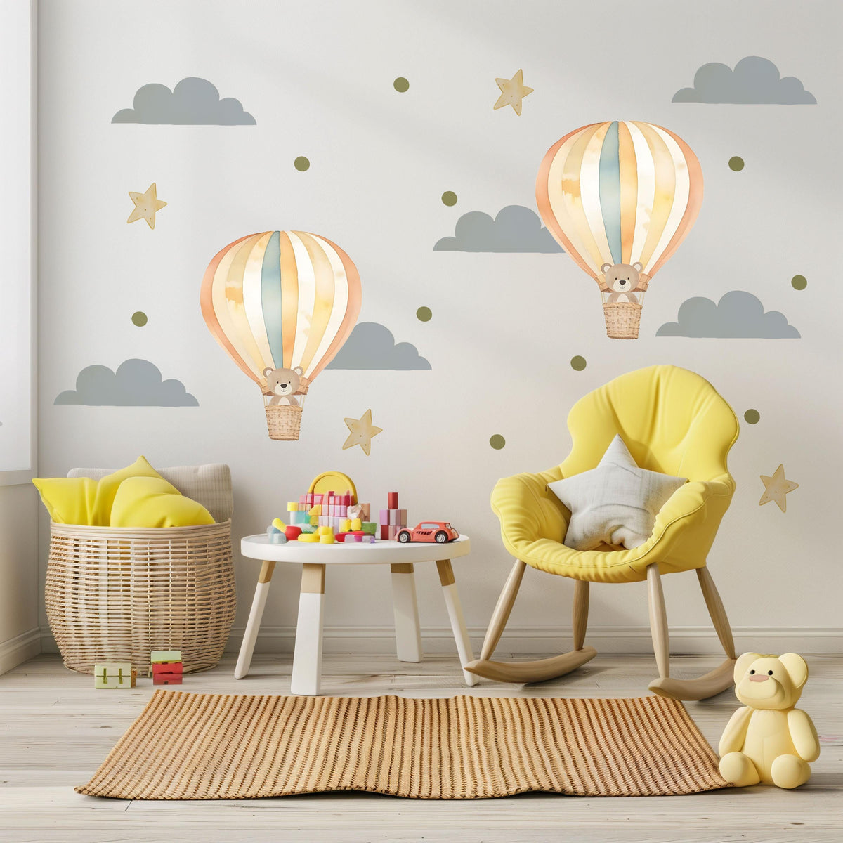 Hot Air Balloon Wall Stickers, Teddy Bear Nursery Decor, Cloud Star Wall Decals, Gender Neutral Kids Room Baby Peel and Stick Art