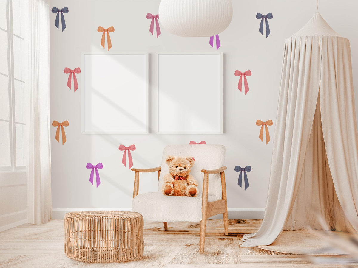 Bow Wall Stickers, Colourful Coquette Nursery Decor, Bright Bow Wall Decals, Girls Kids Room Playroom Baby Peel and Stick Wall Art