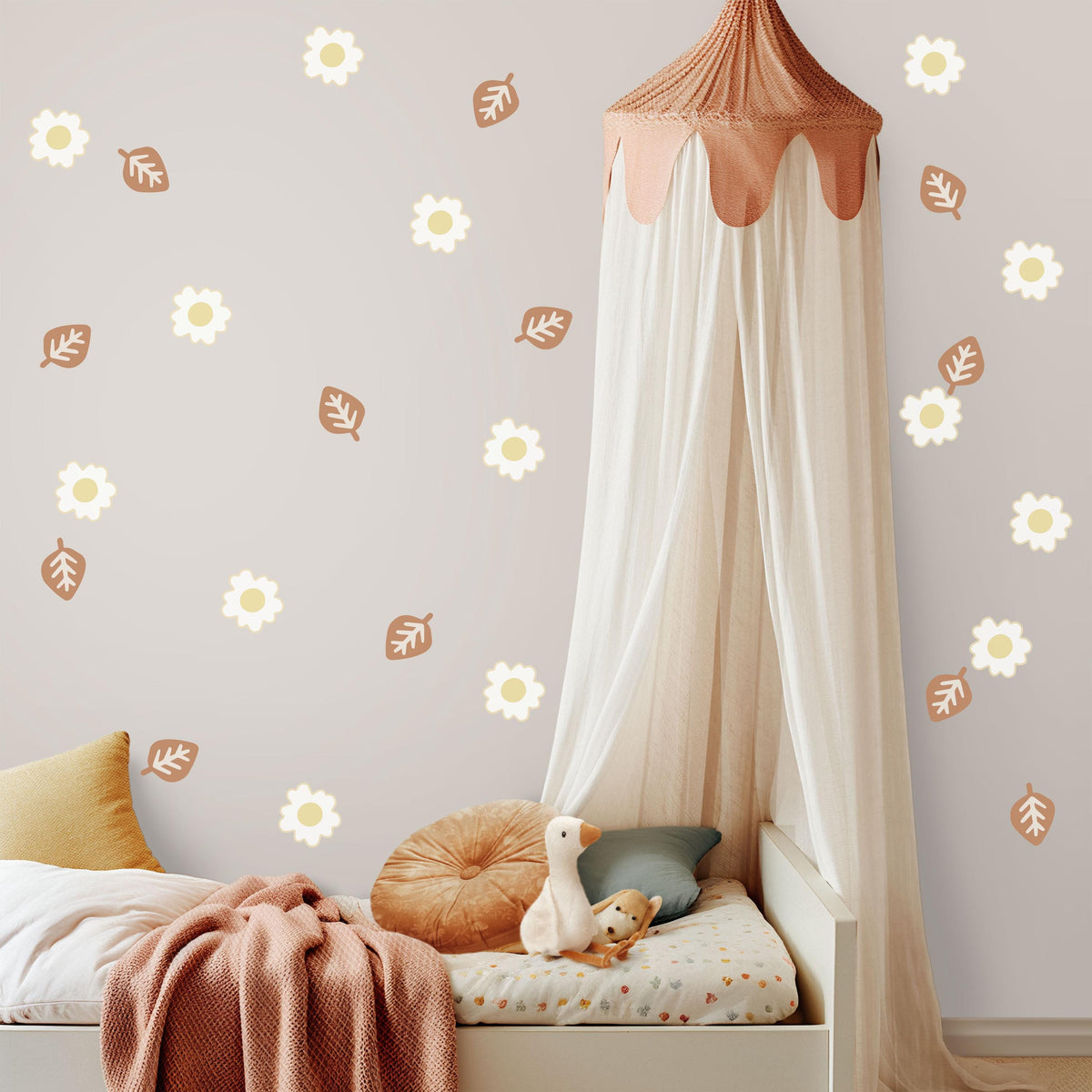 Daisy Wall Stickers, Boho Flower Nursery Decor, Neutral Leaf Floral Wall Decals, Scandi Kids Room Baby Peel and Stick Wall Art