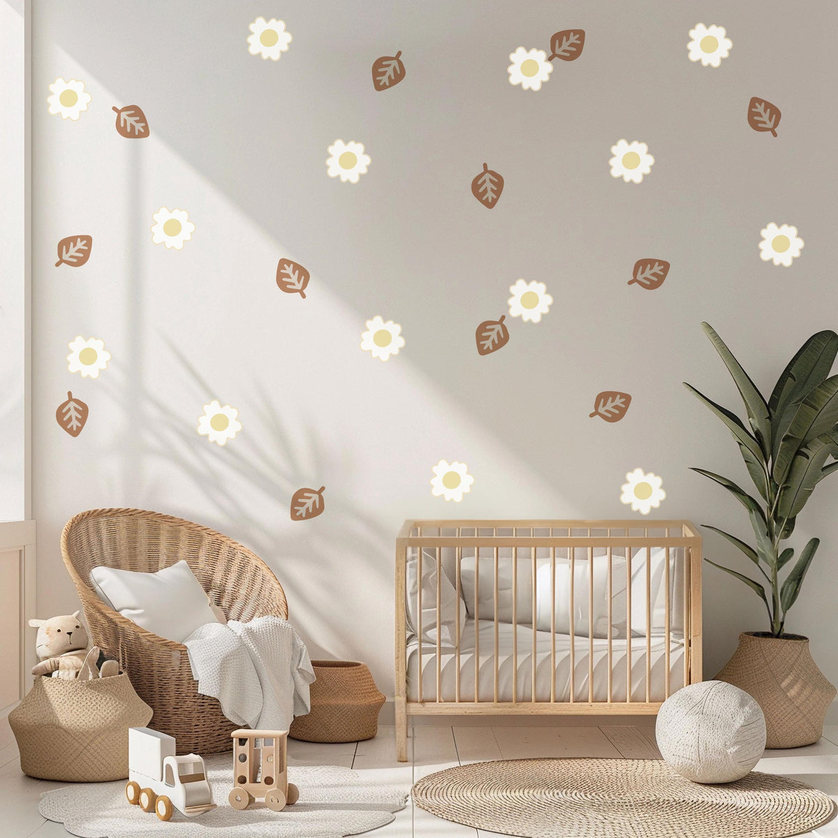 Daisy Wall Stickers, Boho Flower Nursery Decor, Neutral Leaf Floral Wall Decals, Scandi Kids Room Baby Peel and Stick Wall Art