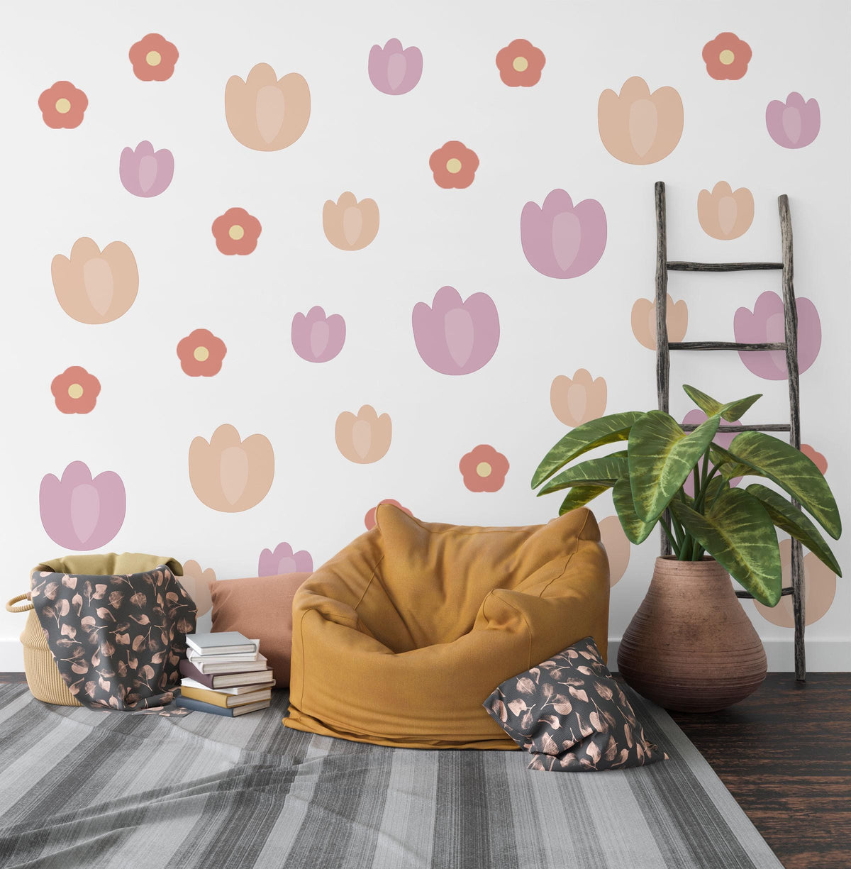Tulip Wall Stickers, Terracotta Flower Nursery Decor, Boho Floral Wall Decals for Girls Room, Peel and Stick Tulips