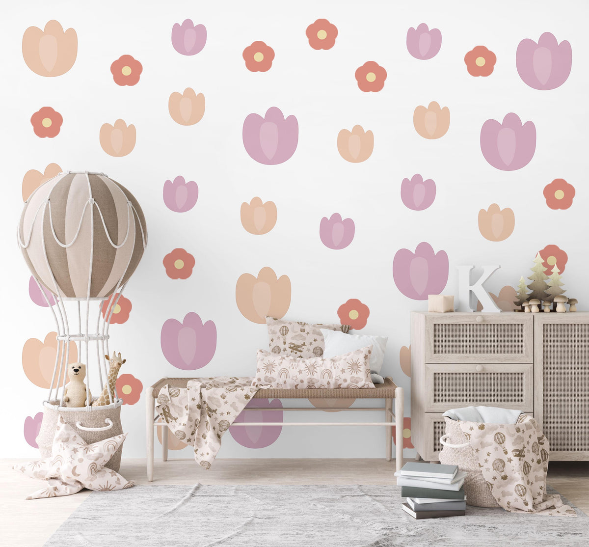 Tulip Wall Stickers, Terracotta Flower Nursery Decor, Boho Floral Wall Decals for Girls Room, Peel and Stick Tulips