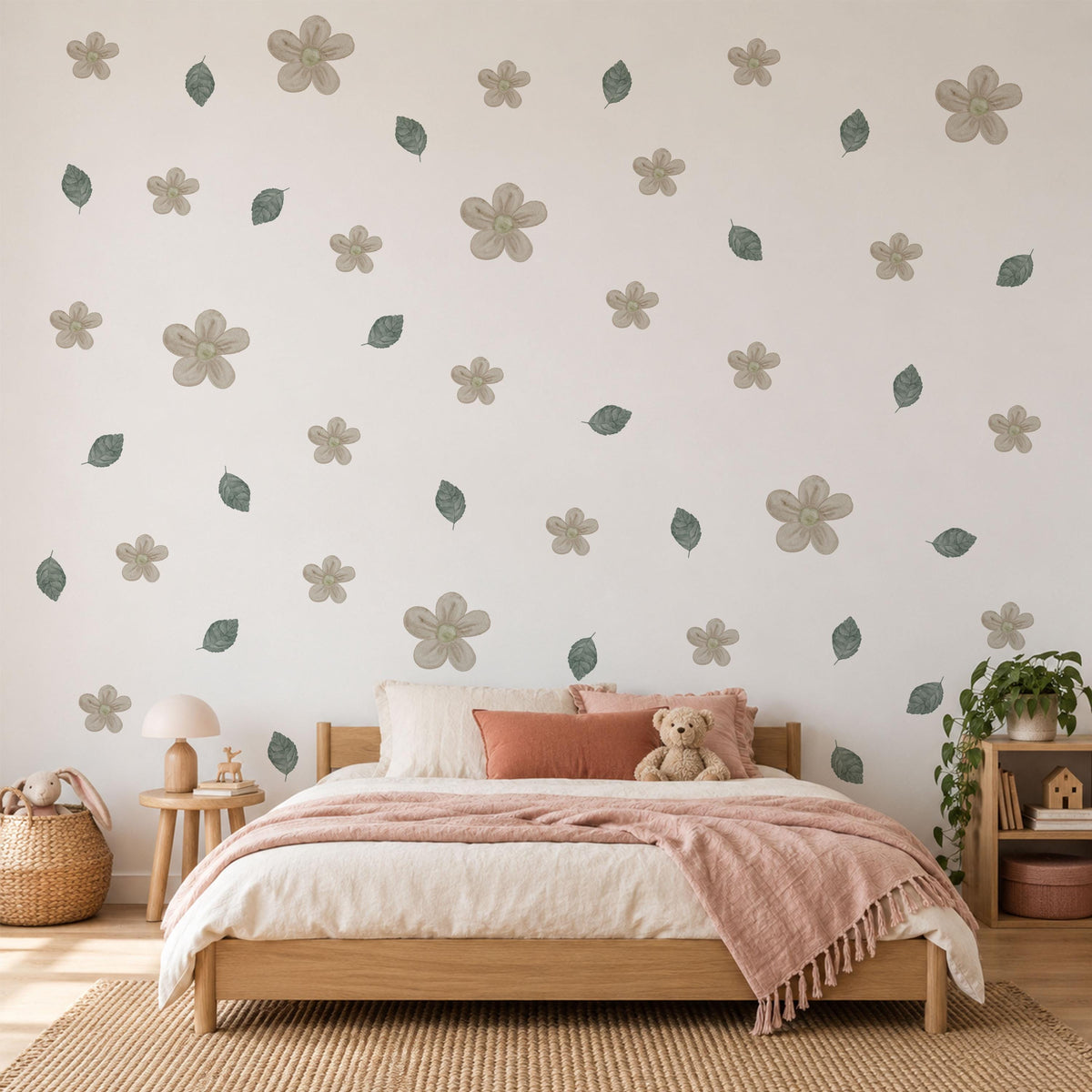 Flower Wall Stickers, Neutral Blossom Nursery Decor, Watercolour Leaf Floral Wall Decals, Gender Neutral Kids Room Peel and Stick Art