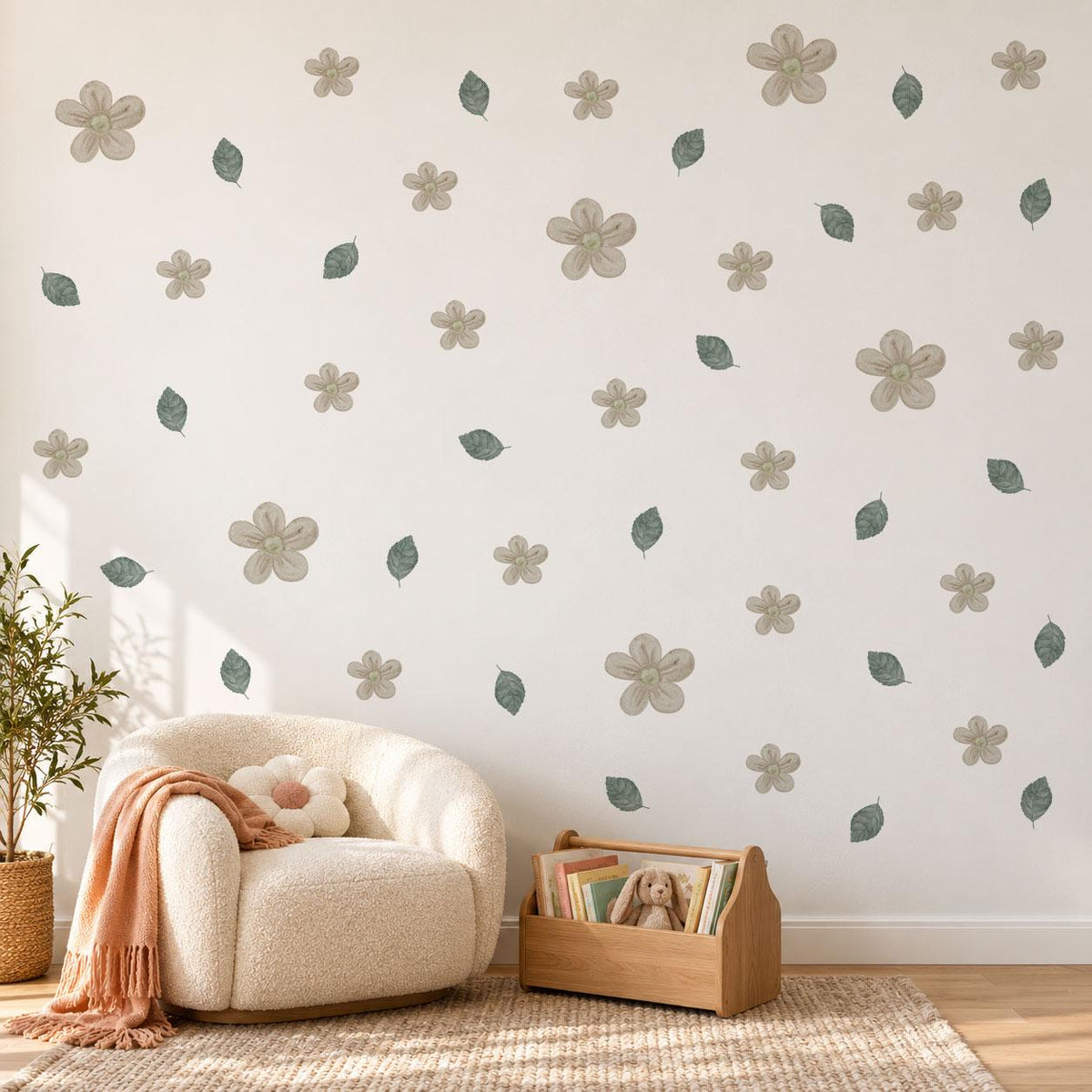 Flower Wall Stickers, Neutral Blossom Nursery Decor, Watercolour Leaf Floral Wall Decals, Gender Neutral Kids Room Peel and Stick Art