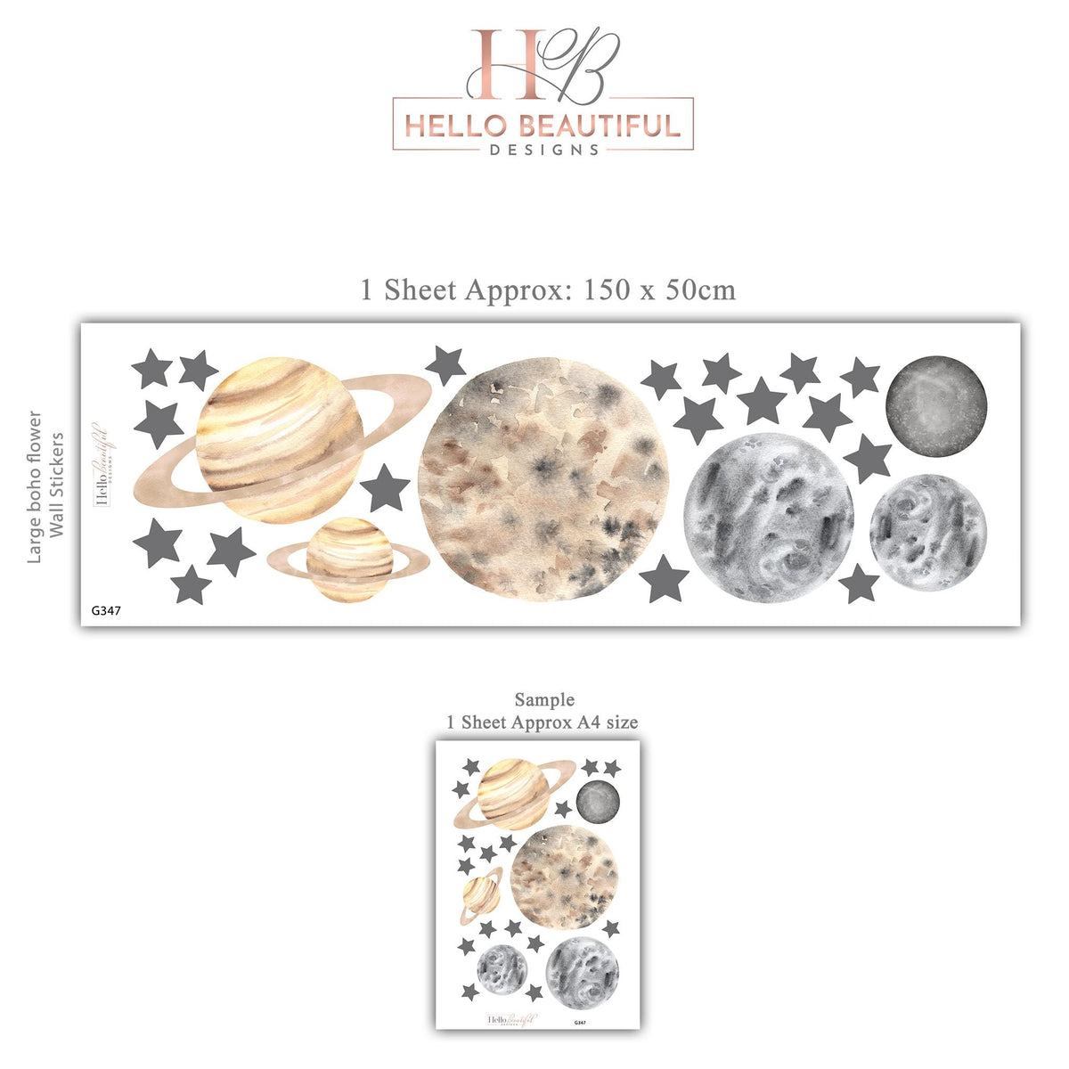 Planet Wall Stickers, Boho Space Nursery Decor, Neutral Planet Star Wall Decals, Kids Room Gender Neutral Baby Peel and Stick Art