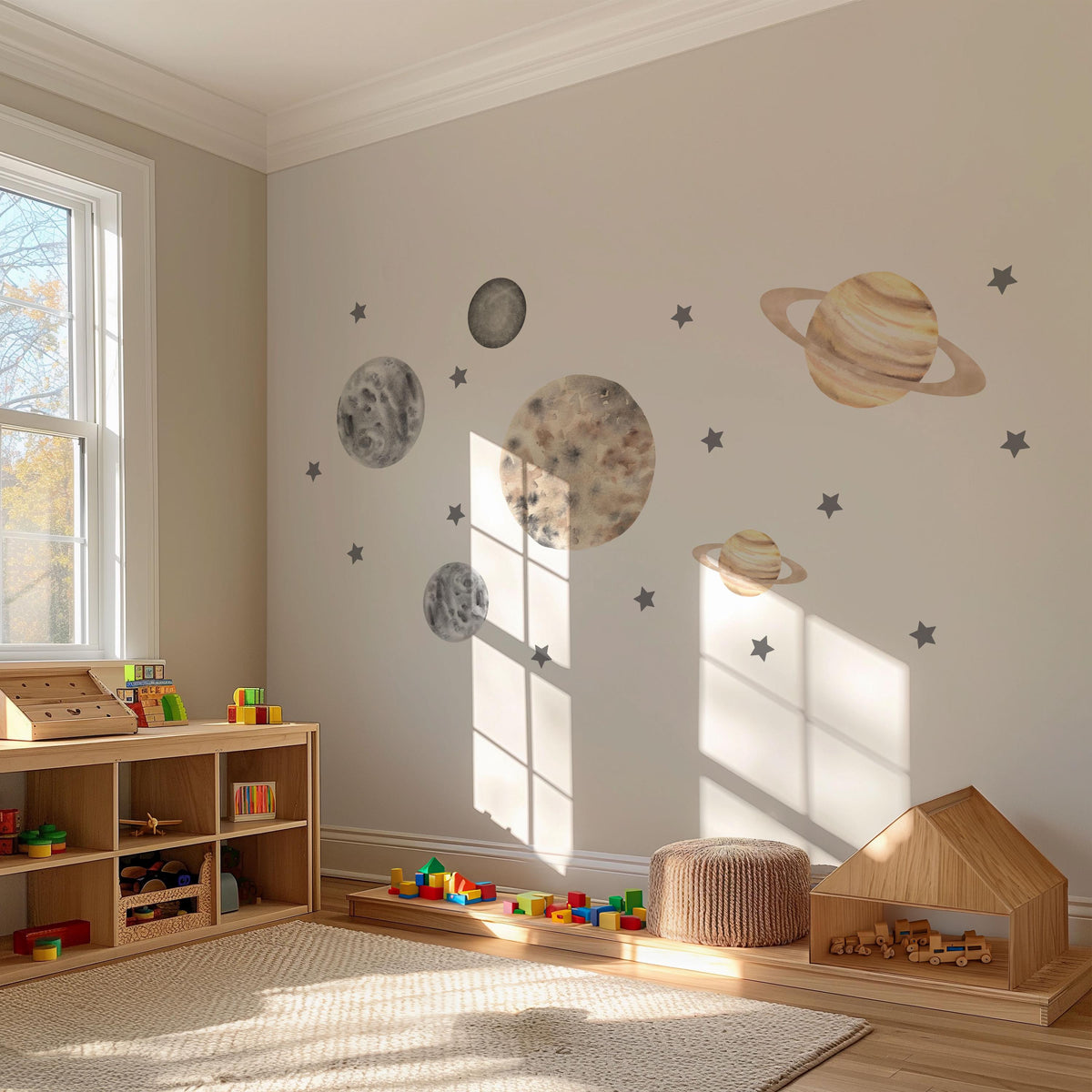 Planet Wall Stickers, Boho Space Nursery Decor, Neutral Planet Star Wall Decals, Kids Room Gender Neutral Baby Peel and Stick Art