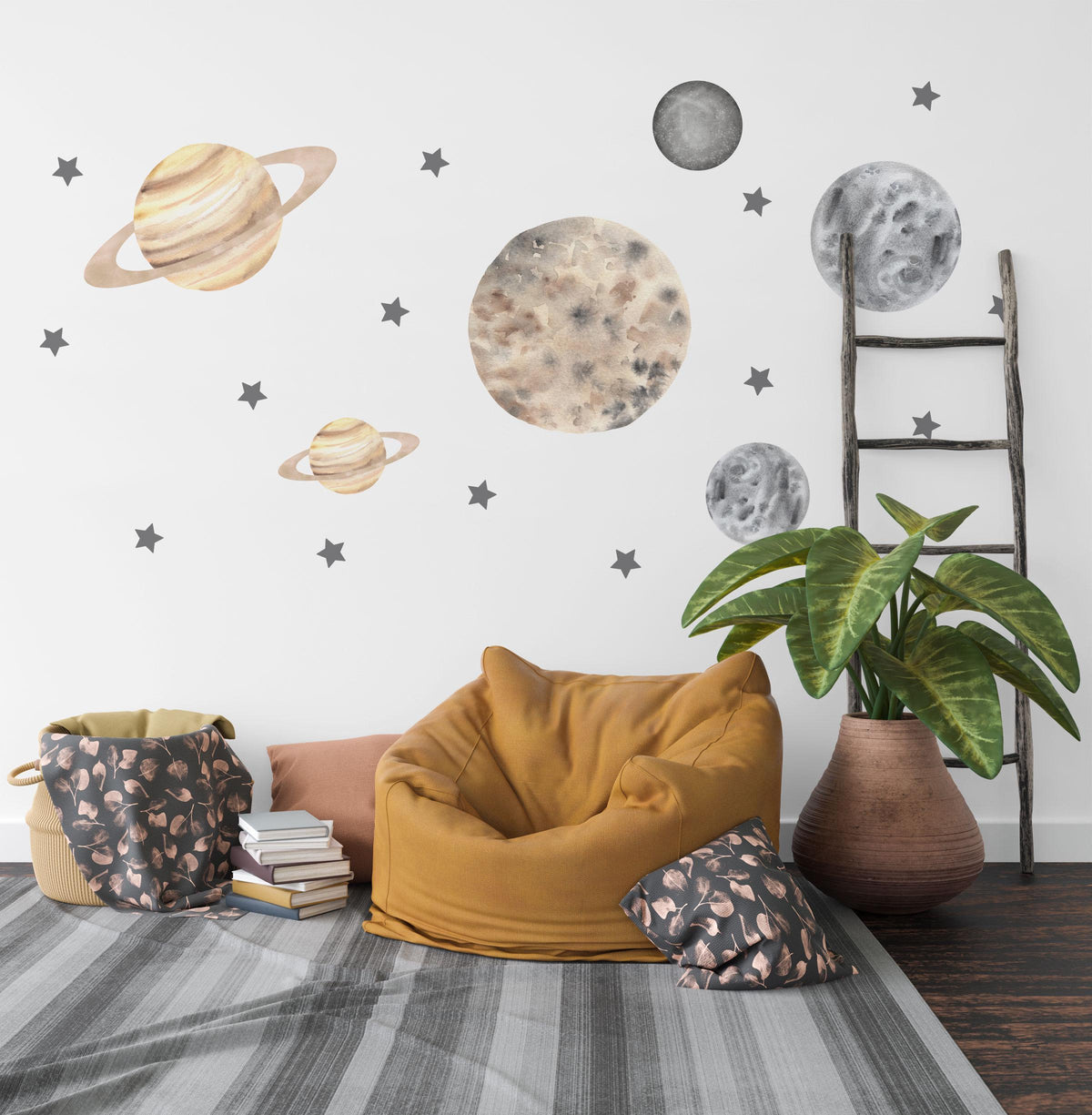 Planet Wall Stickers, Boho Space Nursery Decor, Neutral Planet Star Wall Decals, Kids Room Gender Neutral Baby Peel and Stick Art