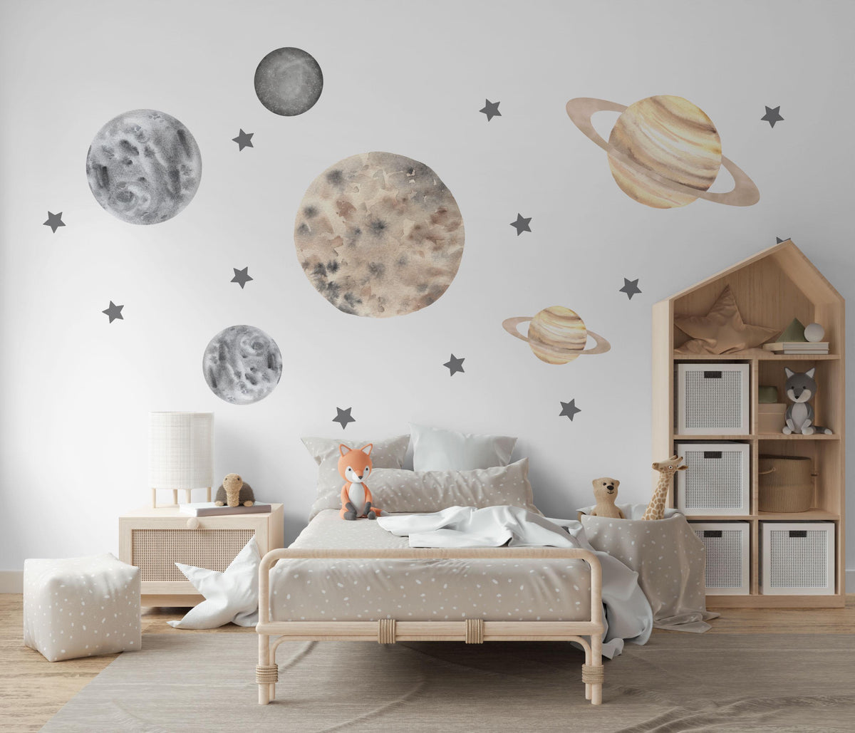 Planet Wall Stickers, Boho Space Nursery Decor, Neutral Planet Star Wall Decals, Kids Room Gender Neutral Baby Peel and Stick Art