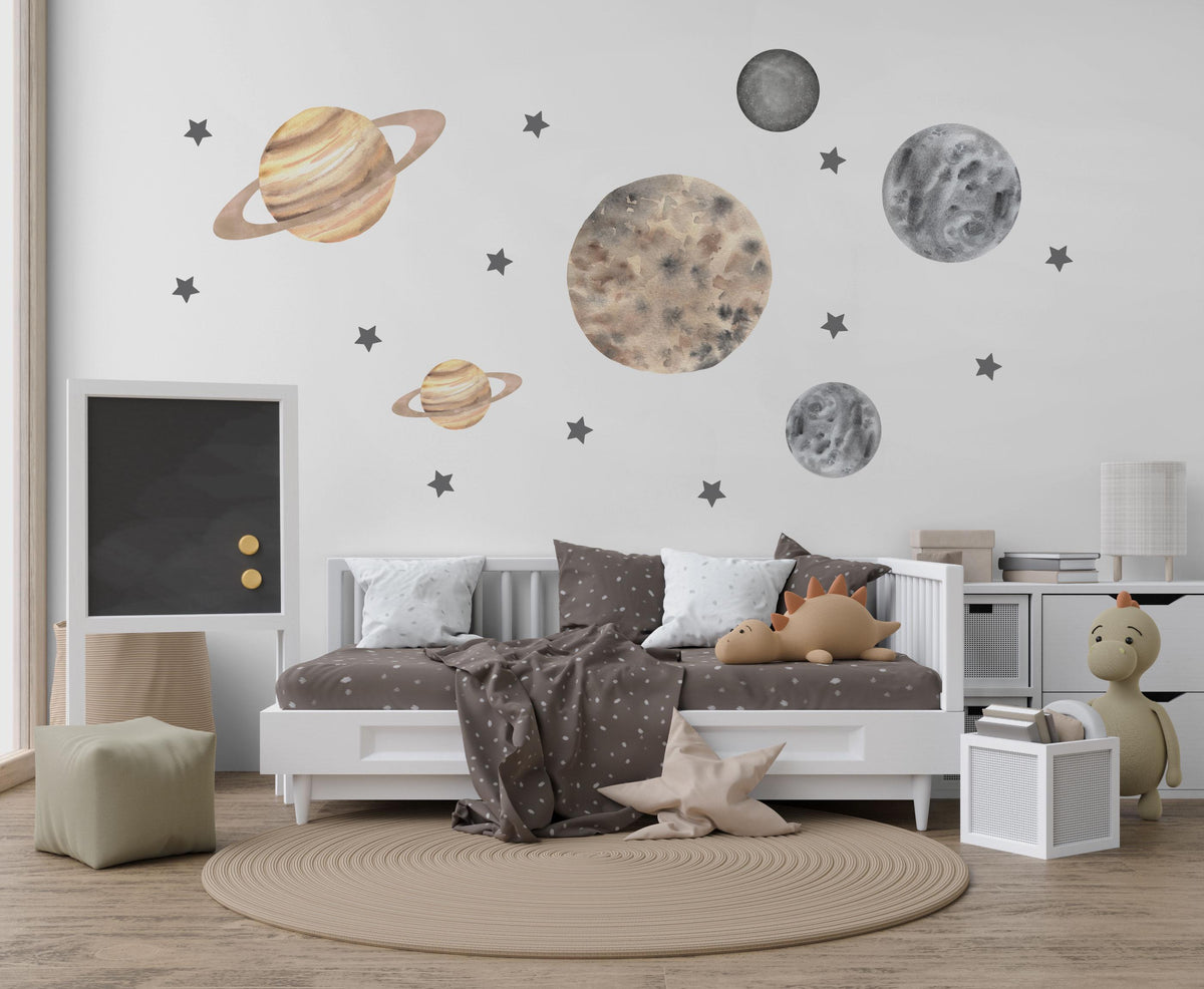 Planet Wall Stickers, Boho Space Nursery Decor, Neutral Planet Star Wall Decals, Kids Room Gender Neutral Baby Peel and Stick Art