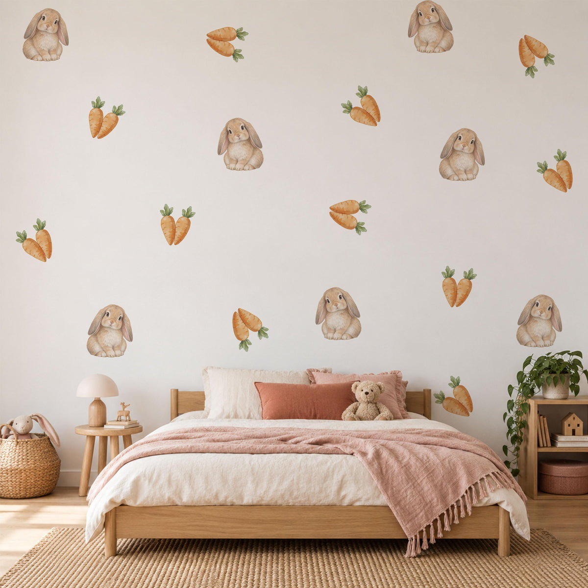 Bunny Wall Stickers, Bunny Carrot Nursery Decor, Rabbit Wall Decals, Neutral Kids Room Baby Easter Peel and Stick Wall Art