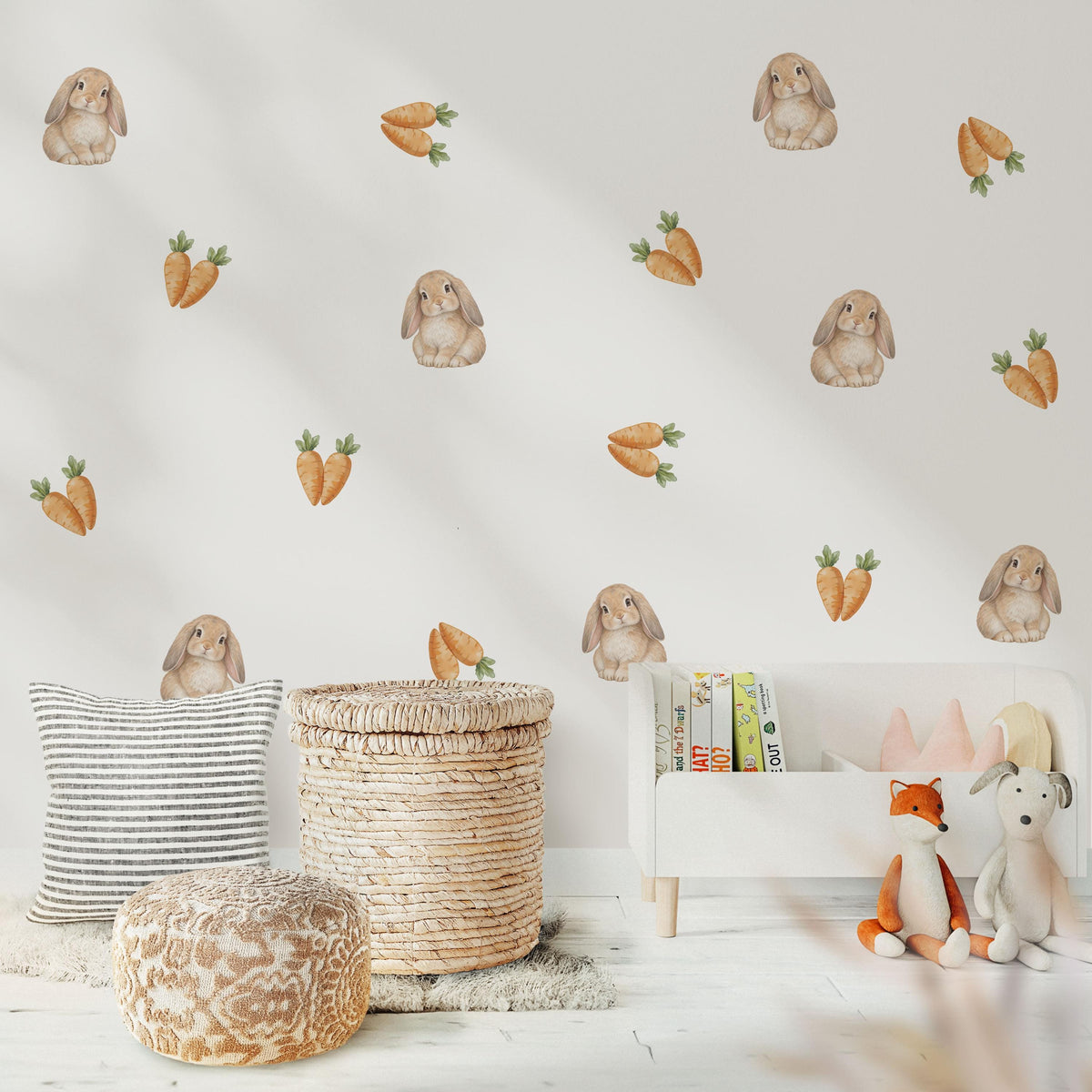 Bunny Wall Stickers, Bunny Carrot Nursery Decor, Rabbit Wall Decals, Neutral Kids Room Baby Easter Peel and Stick Wall Art