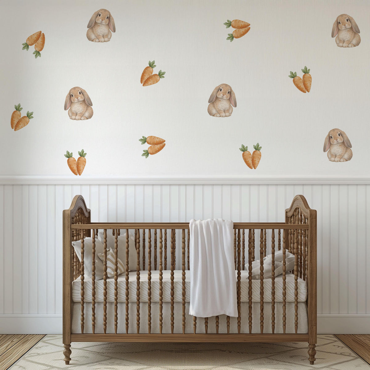 Bunny Wall Stickers, Bunny Carrot Nursery Decor, Rabbit Wall Decals, Neutral Kids Room Baby Easter Peel and Stick Wall Art
