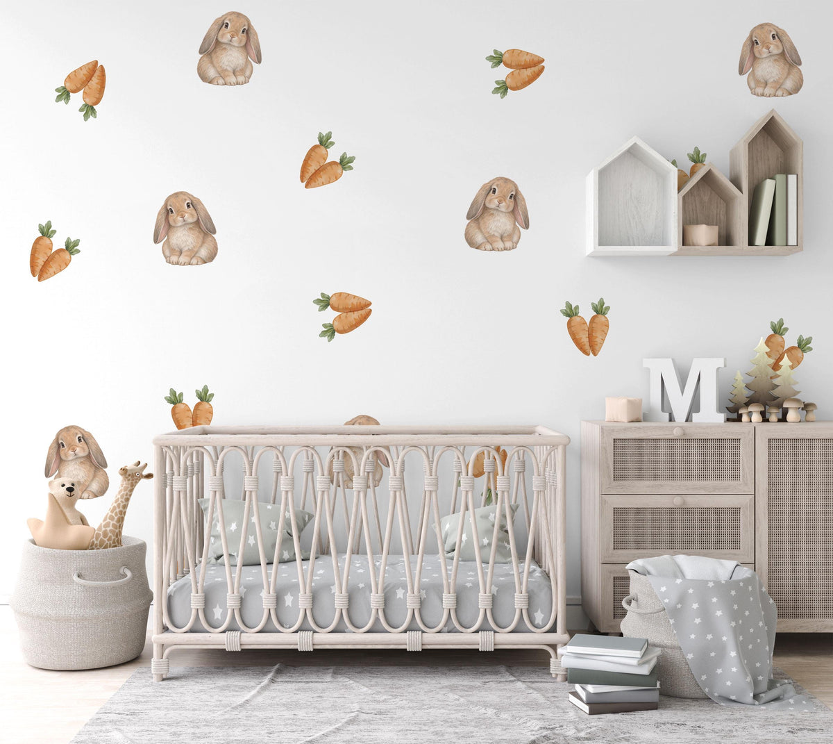 Bunny Wall Stickers, Bunny Carrot Nursery Decor, Rabbit Wall Decals, Neutral Kids Room Baby Easter Peel and Stick Wall Art