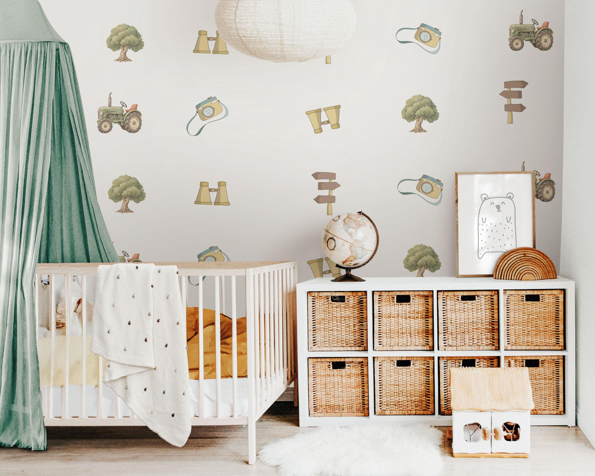 Explorer Wall Stickers, Adventure Nursery Decor, Tractor Camera Binoculars Wall Decals, Boys Room Decor, Peel and Stick