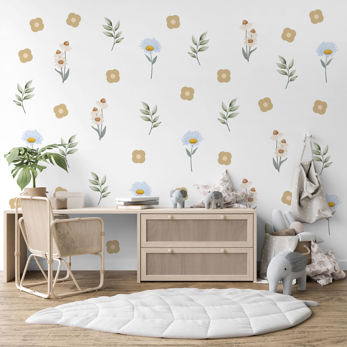 Wildflower Wall Stickers, Meadow Nursery Decor, Daisy and Leaf Wall Decals, Neutral Floral Kids Room, Peel and Stick Flowers