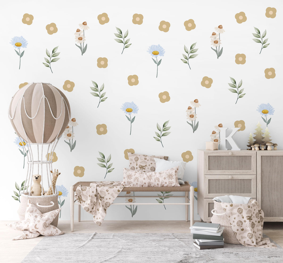 Wildflower Wall Stickers, Meadow Nursery Decor, Daisy and Leaf Wall Decals, Neutral Floral Kids Room, Peel and Stick Flowers