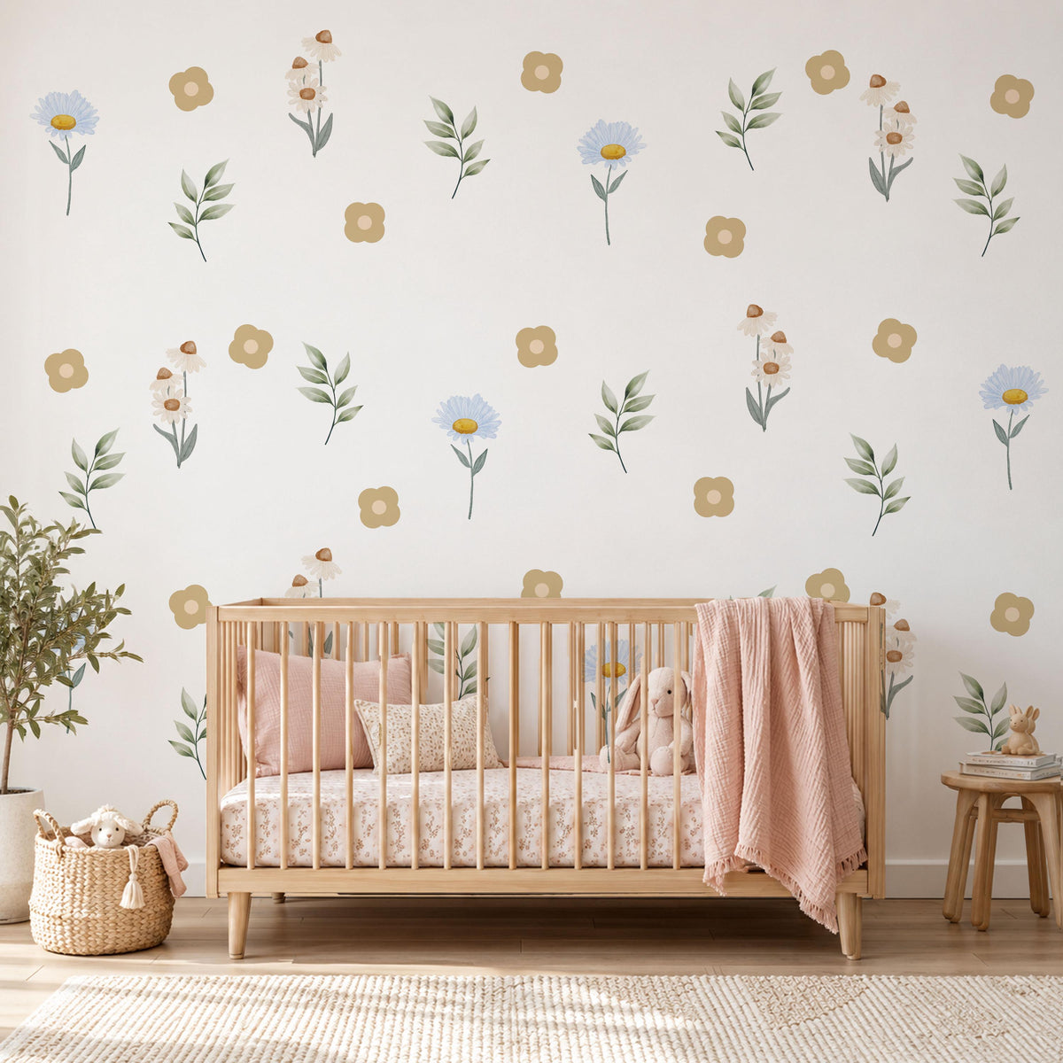 Wildflower Wall Stickers, Meadow Nursery Decor, Daisy and Leaf Wall Decals, Neutral Floral Kids Room, Peel and Stick Flowers