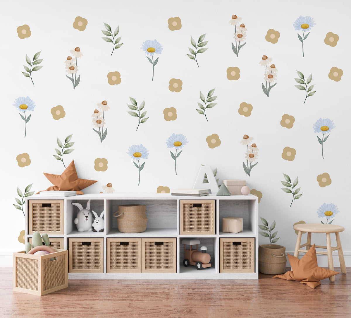 Wildflower Wall Stickers, Meadow Nursery Decor, Daisy and Leaf Wall Decals, Neutral Floral Kids Room, Peel and Stick Flowers