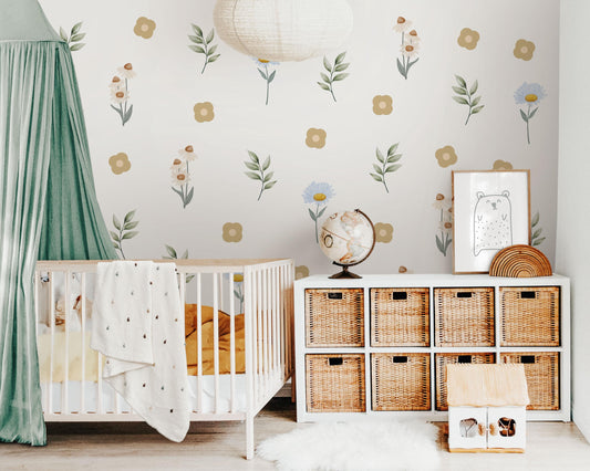 Wildflower Wall Stickers, Meadow Nursery Decor, Daisy and Leaf Wall Decals, Neutral Floral Kids Room, Peel and Stick Flowers