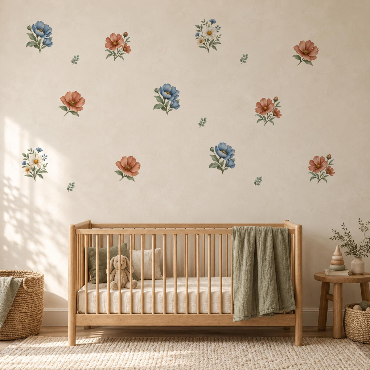 Floral Wall Stickers, Neutral Boho Flower Nursery Decor, Watercolour Wildflower Wall Decals, Kids Room Baby Peel and Stick Wall Art