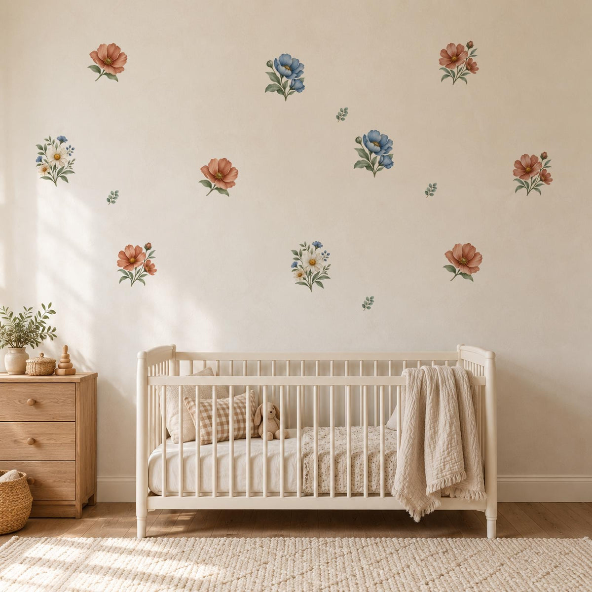 Floral Wall Stickers, Neutral Boho Flower Nursery Decor, Watercolour Wildflower Wall Decals, Kids Room Baby Peel and Stick Wall Art