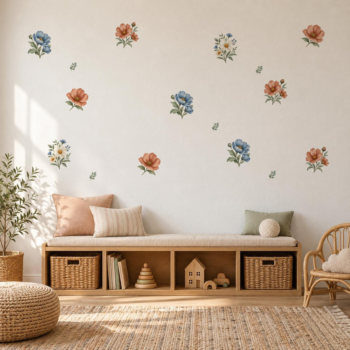 Floral Wall Stickers, Neutral Boho Flower Nursery Decor, Watercolour Wildflower Wall Decals, Kids Room Baby Peel and Stick Wall Art