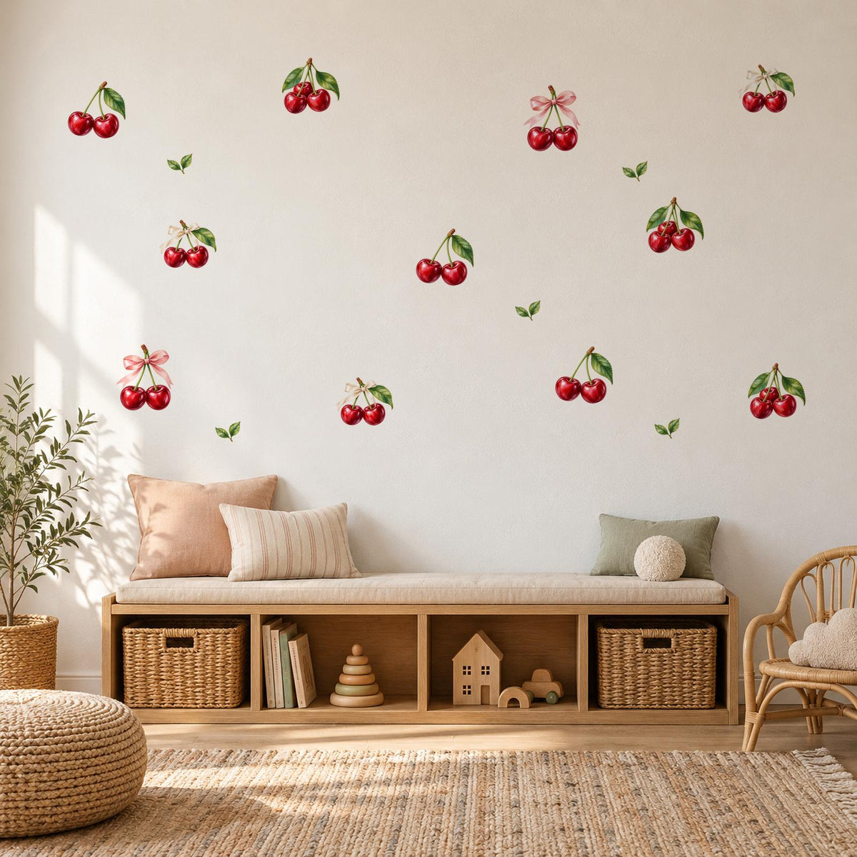 Cherry Wall Stickers, Coquette Cherry Nursery Decor, Red Cherry Bow Wall Decals, Girls Kids Room Bedroom Baby Peel and Stick Wall Art