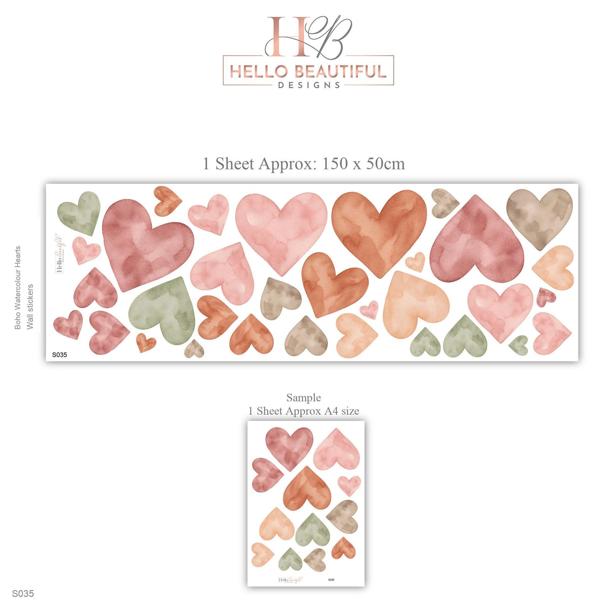 Heart Wall Stickers, Boho Watercolour Heart Nursery Decor, Earthy Heart Wall Decals, Kids Room Neutral Baby Peel and Stick Wall Art